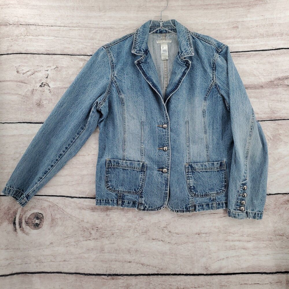 Vtg Metal Button Liz Claiborne Crazy Horse Sz Large Woman Waxed Denim Jacket